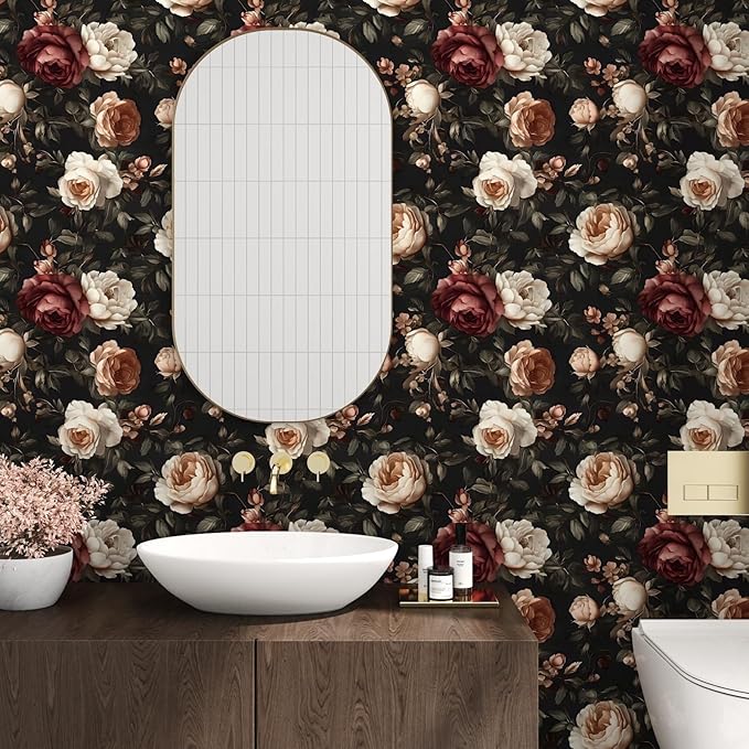 Floral Wallpaper Peel and Stick, Vintage Dark Black/White/Red Rose Contact Paper 17.5" x 197" , Retro Flowers Wall Paper Self Adhesive Waterproof Removable for Room Shelves Cabinet Drawer Table Decor