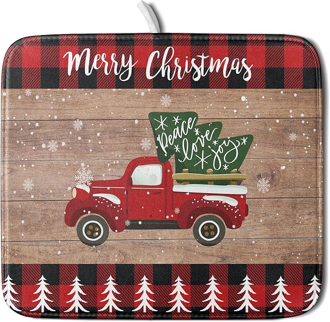 Christmas Dish Drying Mat 16 x 18 Inch with Hanging Loop High Absorbent Reversible Microfiber Red Truck Buffalo Check Plaid Dish Mat Dish Drying Pad Dish Rack Pad Drainer Mat Counter Mat