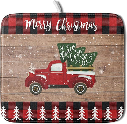 Christmas Dish Drying Mat 16 x 18 Inch with Hanging Loop High Absorbent Reversible Microfiber Red Truck Buffalo Check Plaid Dish Mat Dish Drying Pad Dish Rack Pad Drainer Mat Counter Mat