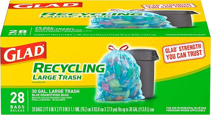 Glad Trash Bags, Large Drawstring Garbage Bags, 30 Gallon Blue Trash Bags for Large Kitchen Trash Can or Recycling, 28 Count - Packaging May Vary