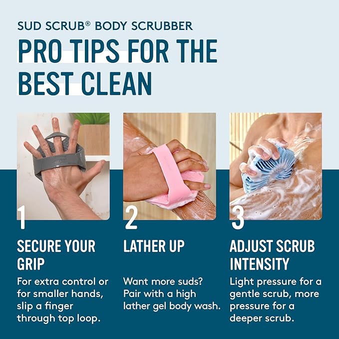 Sud Scrub® Antimicrobial Silicone Body Scrubber, Exfoliating Body Brush for Sensitive Skin, Antibacterial Shower Scrubber for Body, Bathroom Essentials for Men & Women, Blue