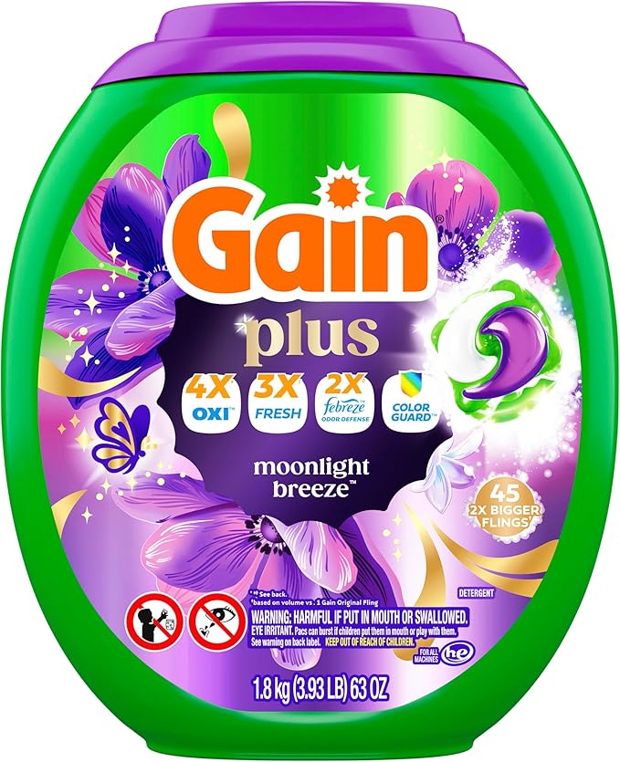 Gain Plus Flings Liquid Laundry Detergent Pods, Gain's Best Clean, All-In-One Pacs, Moonlight Breeze Scent, 45-Count