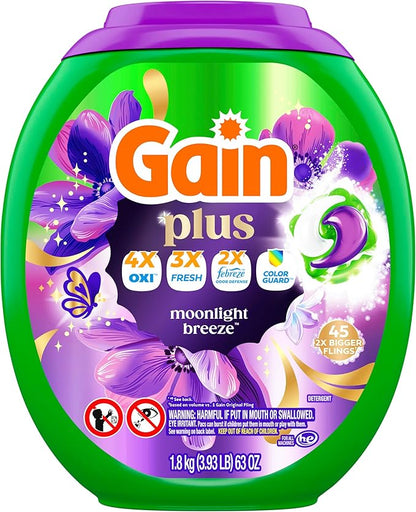 Gain Plus Flings Liquid Laundry Detergent Pods, Gain's Best Clean, All-In-One Pacs, Moonlight Breeze Scent, 45-Count