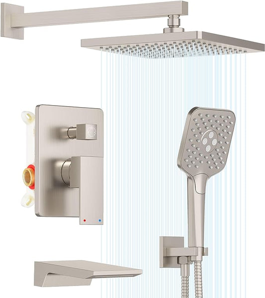 Gabrylly Shower System with Tub Spout, Wall Mounted Tub Shower Faucet Set for Bathroom with High Pressure 10" Rain Shower head and 3-Setting Handheld Shower Head Set, Brushed Nickel