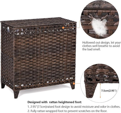 Laundry Hamper with 3 Removable Liner Bags; 132L Handwoven Rattan Laundry Basket with Lid & Heightened Feet; Clothes Hamper with Side Handles; Laundry Sorter with 3 Separate Sections (Brown)