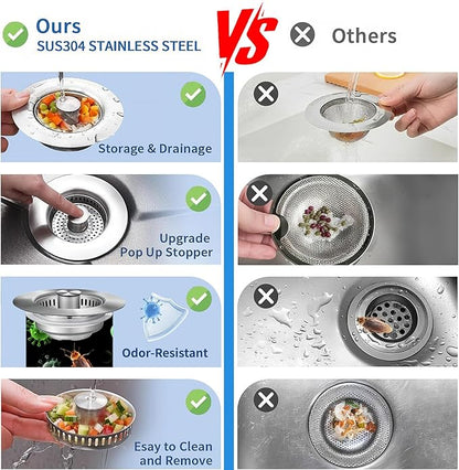 3-in-1 Kitchen Sink Drain Strainer & Sink Stopper 2 Pack : 304 Stainless Steel Sink Drain Strainer, Pop-Up Anti-Clog Design, Fits Standard 3-1/2'' Sink Drains