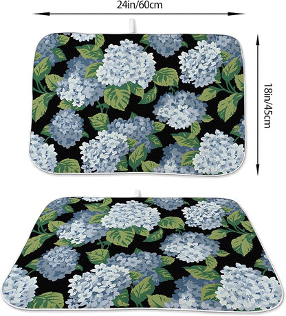 Spring Floral Dish Drying Mat 18x24 Inches For Kitchen Counter Absorbent Black Blue Hydrangea Flower Kitchen Decoration Summer Floral Drying Mat Pad For Home Kitchen,Dining Room,Office Decor
