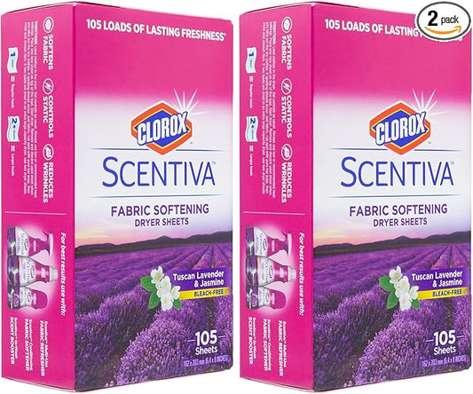 Clorox Scentiva Fabric Softening Dryer Sheets | Fabric Sheets in Tuscan Lavender & Jasmine Scent | Laundry Dryer Sheets for Fresh & Clean Clothes| 105 Count (Pack of 2)