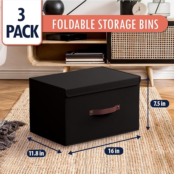 Ornavo Home 3 Pack Collapsible Storage Bins with Lid, Foldable Linen Fabric Shelf Storage Basket Closet Organizer and Large Storage Box for Clothes with Leather Handles, 16.5 x 11.8 x 7.5, Black