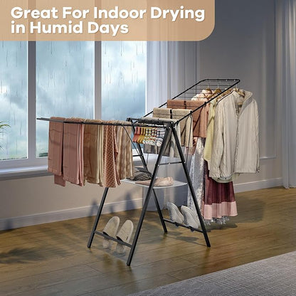 APEXCHASER Clothes Drying Rack Foldable, Metal Laundry Drying Rack with Height Adjustable Rails, Ultra Thin Drying Rack Clothing Towel Sweater Shoe for Indoor Outdoor, Gullwing Clothes Airer, Black