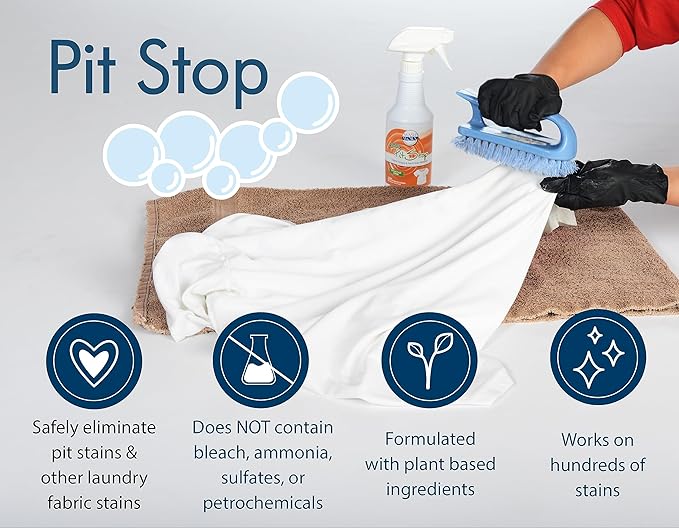 Sanco Industries Pit Stop - Sweat Stain & Deodorant Stain Remover, Multi-Stain & Multi-Purpose Formulated Spray, Safe for All Fabrics - 32 Ounces (Quart)