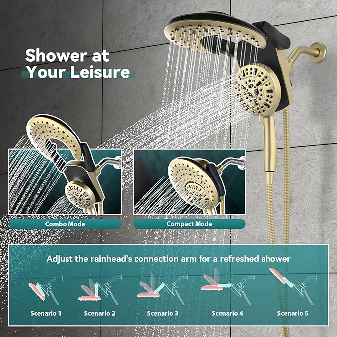 Rain Shower Head with Handheld: Foldable High Pressure Shower Heads with Handheld Spray Combo, 9 Spray Settings/Modes Hand Held Showerhead Dual Rainfall Shower Head Built-in Magnetic Docking and Jets