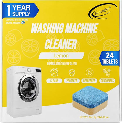 Air Jungles Washing Machine Cleaner Tablets 24 Count, Lemon Scent, Deep Cleaning, Dirt Remover, Clean Laundry Washer Drum and Tub, Compatible with Front and Top Load Washer, 12 Month Supply