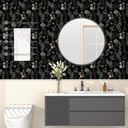 Fvlow Black Green Floral Wallpaper 17.4" x 394", Dark Green Leaf Contact Paper Peel and Stick Wallpapers Waterproof Self-Adhesive Wall Covering for Bedroom Countertop Desk Cabinets Decor