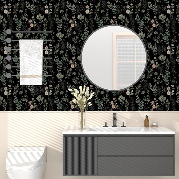 Fvlow Black Green Leaf Wallpaper Peel and Stick Vintage Taupe Green Floarl Contact Paper 17.4" X 118" Moody Wallpaper Waterproof Self-Adhesive Wall Covering for Bedroom Countertop Desk Cabinets Decor