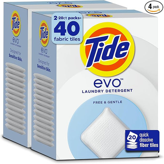 Tide evo Free & Gentle Tiles Fragrance-Free Hypoallergenic Laundry Detergent Fiber Tiles for Sensitive Skin Works on 100% of Common Stains Safe for All Machines and Water Conditions, 40 Count
