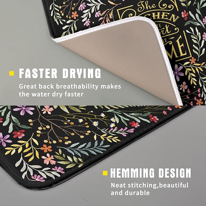 Absorbent Dish Drying Mat Colorful Flowers Microfiber Pad for Kitchen Counter Coffee Bar Decor 16" X 18"