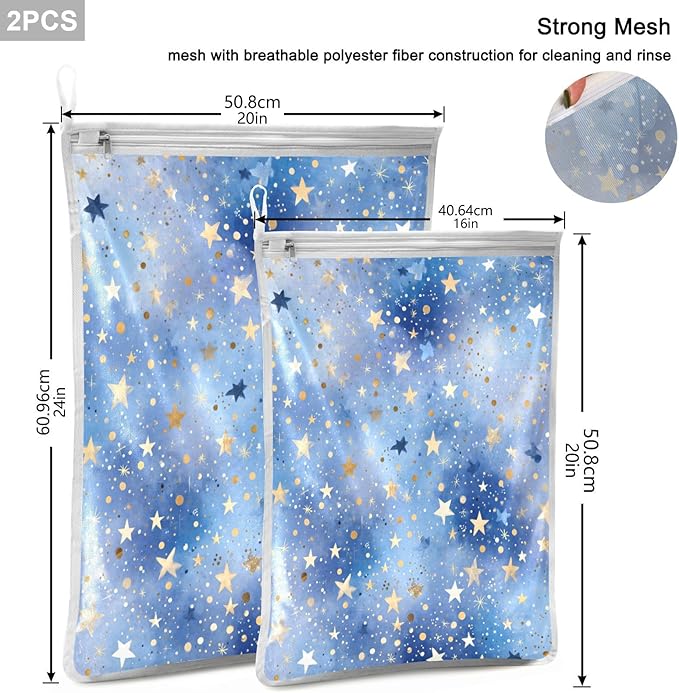 Mesh Laundry Bags Lingerie Bags for Washing Delicates 2 PCS Durable Wash Bag with Zipper Small and Medium Washable Blue Romantic Golden Stars