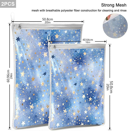 Mesh Laundry Bags Lingerie Bags for Washing Delicates 2 PCS Durable Wash Bag with Zipper Small and Medium Washable Blue Romantic Golden Stars
