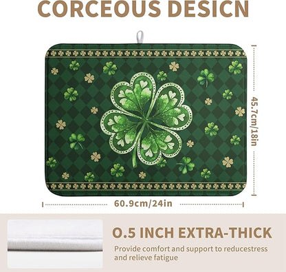 St Patrick's Day Shamrock Dish Drying Mat Green Spring Kitchen Dish Drying Pad Absorbent Dish Dryer Mat for Kitchen Countertops Microfiber Dishes Drainer Pad Dish Drying Rack Mat (18x24 in)