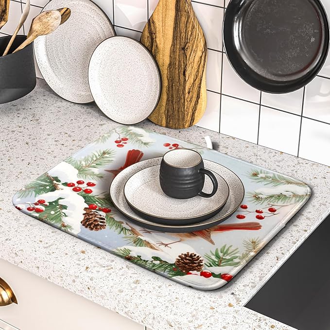 Winter Cardinal Bird Dish Drying Mat for Kitchen Counter 16x18 Christmas Snow Scene Theme Seasonal Absorbent Reversible Microfiber Drying Mats Kitchen Countertop Protector Dishes Drainer Pad