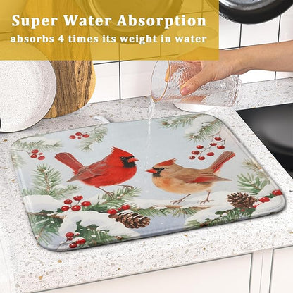 Winter Cardinal Bird Dish Drying Mat for Kitchen Counter 16x18 Christmas Snow Scene Theme Seasonal Absorbent Reversible Microfiber Drying Mats Kitchen Countertop Protector Dishes Drainer Pad