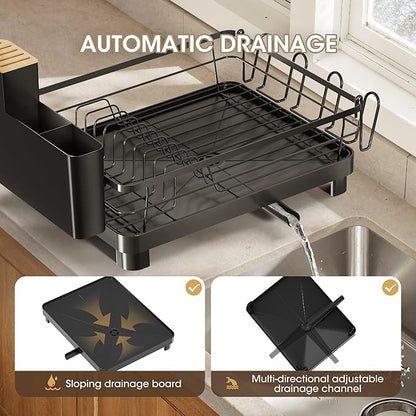 Runnatal Dish Drying Rack, Stainless Steel Dish Rack with Drainboard for Kitchen Counter and Sink, Large Capacity Dish Drainer, Detachable 2-in-1 Utensil Holder, Cup Holder, Black