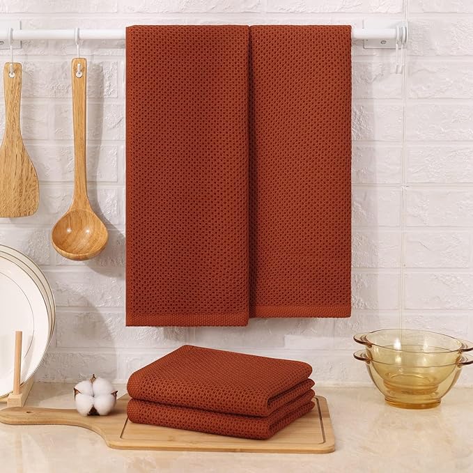 Kitinjoy 100% Cotton Waffle Weave Kitchen Hand Towels, 6-Pack Super Soft and Absorbent Dish Towel for Drying Dishes (13 X 28 Inches, Rust)