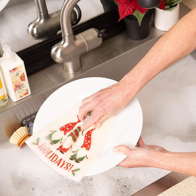 DII Swedish Dishcloths for Kitchen & Cleaning, Reusable, Machine Washable & Dishwasher Safe, Biodegradable, 7.75 x 6.75, Gnome Holidays, 3 Piece