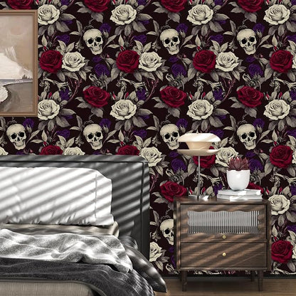 Skull Wallpaper Peel and Stick, Gothic Dark Purple/Red Rose Floral Contact Paper, Vintage Botanical Wall Paper Self Adhesive Removable Waterproof for Bedroom Shelves Cabinet Drawer Table 17.5" x 118"