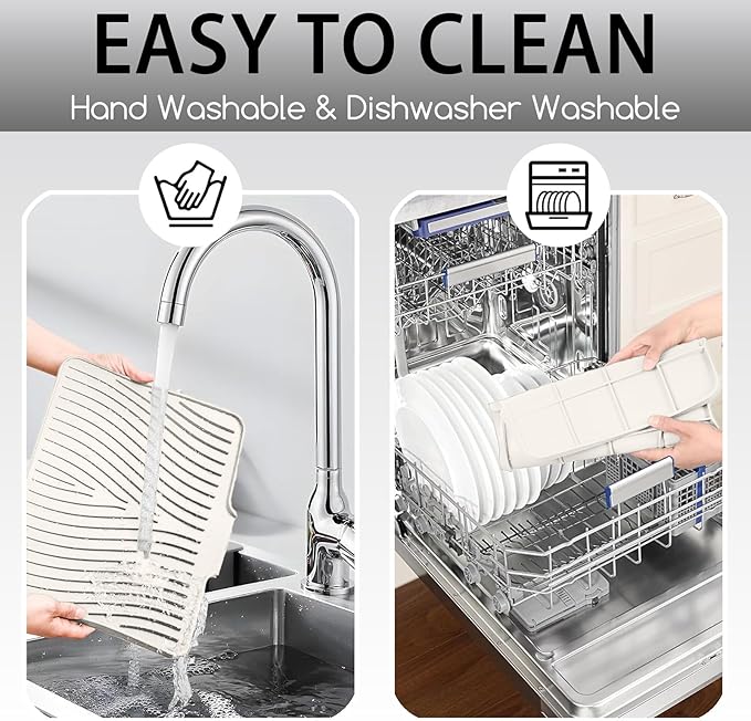 Large Premium Silicone Dish Drying Mat for Kitchen Counter - 18.5"x13" Non-Slip, Heat-Resistant (450°F) with Fast Drain & Hanging Hole, Multi-Use Kitchen Sink Drying Mat (Cream White)