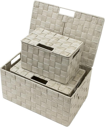 Sorbus Set of 3 Storage Baskets for Organizing with Lid – Mesh Hand-Woven Baskets for Closet, Shelf & Home Storage (Beige, Variety Pack)