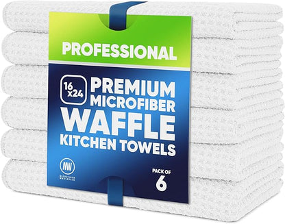 Kitchen Towels - Microfiber Waffle Weave Towels | Absorbent, No Lint, Thick, Reusable, Commercial, Soft, Hand, Tea, Glass, Bar, Sublimation Blank, Polyester Cloths (White, 16 x 24 (6 Pack))