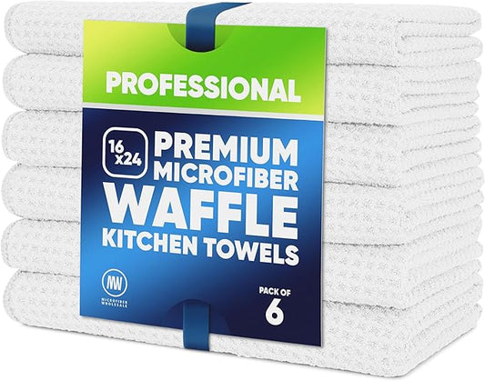 Kitchen Towels - Microfiber Waffle Weave Towels | Absorbent, No Lint, Thick, Reusable, Commercial, Soft, Hand, Tea, Glass, Bar, Sublimation Blank, Polyester Cloths (White, 16 x 24 (6 Pack))