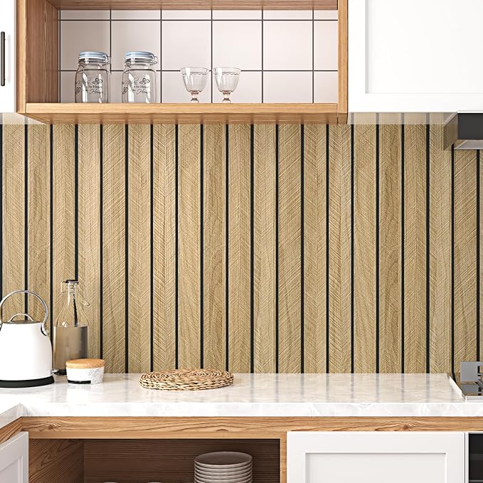 Wallercity 3D Wood Grain Wall Panels Self Adhesive Wood Slats Wall Paneling for Walls Soundproof Peel and Stick Wooden Panel for Living Room Bedroom Bathroom Waterproof Fence Wallpaper 11.7''x197''