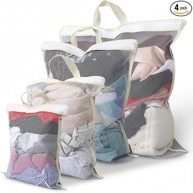 Tyqour 4PCS Mesh Laundry Bags for Washing Machine Hanging Laundry Hamper Delicates Laundry Bag with Handles (S/M/L/XL) Zipper Opening Wash Bag for Coat Sweater Lingerie Sock Sheet