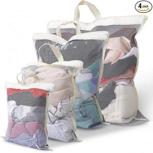 Tyqour 4PCS Mesh Laundry Bags for Washing Machine Hanging Laundry Hamper Delicates Laundry Bag with Handles (S/M/L/XL) Zipper Opening Wash Bag for Coat Sweater Lingerie Sock Sheet
