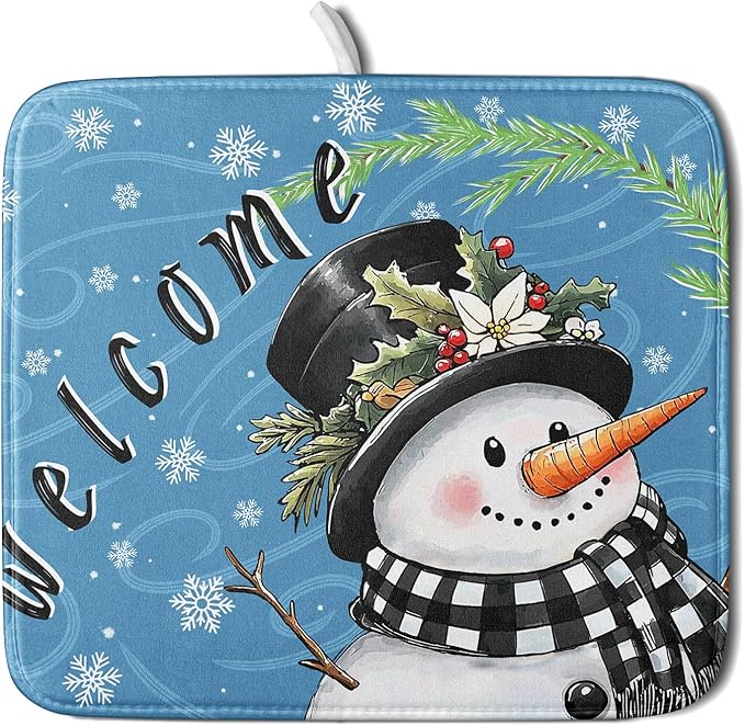Christmas Snowman Dish Drying Mat for Kitchen Counter 16x18 Blue White Snowflake Welcome Winter Holiday Absorbent Reversible Microfiber Drying Mats Kitchen Countertop Protector Dishes Drainer Rack Pad
