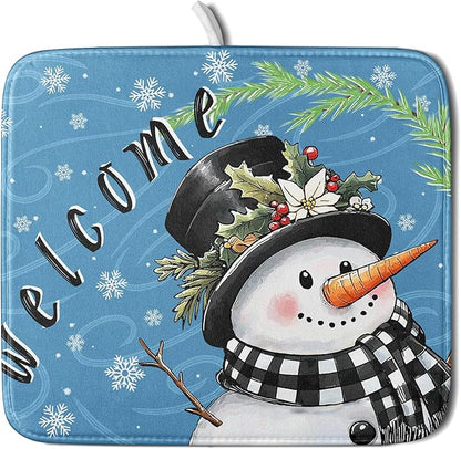 Christmas Snowman Dish Drying Mat for Kitchen Counter 16x18 Blue White Snowflake Welcome Winter Holiday Absorbent Reversible Microfiber Drying Mats Kitchen Countertop Protector Dishes Drainer Rack Pad