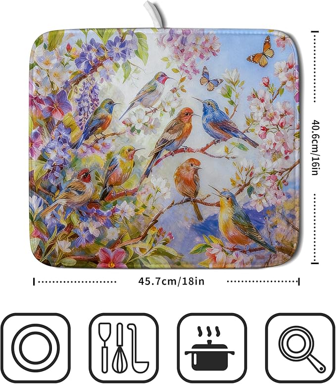 Spring Bird Dish Drying Mats for Kitchen Counter Floral Small Dish Drying Pad Season Decor