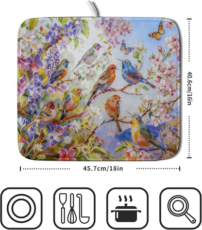 Spring Bird Dish Drying Mats for Kitchen Counter Floral Small Dish Drying Pad Season Decor