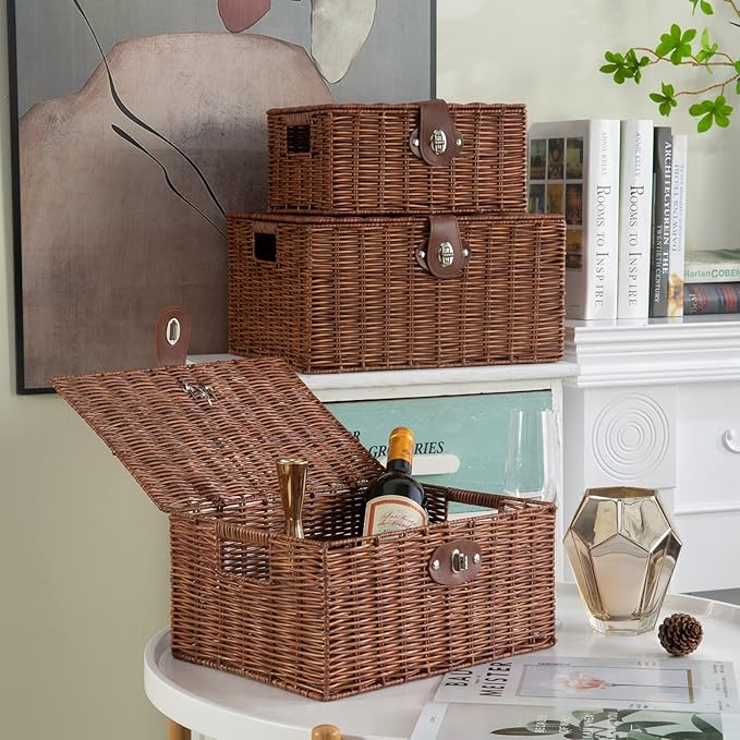 Set of 3 Woven Wicker Storage Basket Box with Lids & Lock, Built-in Carry Handles, Multifunctional Storage Organizer for Nursery, Baby, Clothes, Toys, Books, Large/Medium/Small Size (Natural)