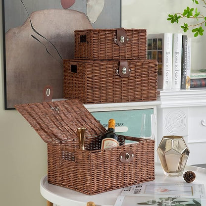 Set of 3 Woven Wicker Storage Basket Box with Lids & Lock, Built-in Carry Handles, Multifunctional Storage Organizer for Nursery, Baby, Clothes, Toys, Books, Large/Medium/Small Size (Natural)
