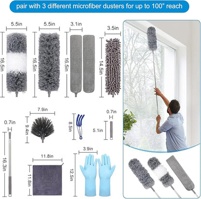 Microfiber Extendable Feather Duster (11pcs) with 100" Extension Pole, Washable Reusable Bendable Dusters for Cleaning Ceiling Fan, High Ceiling, TV, Blinds, Cars