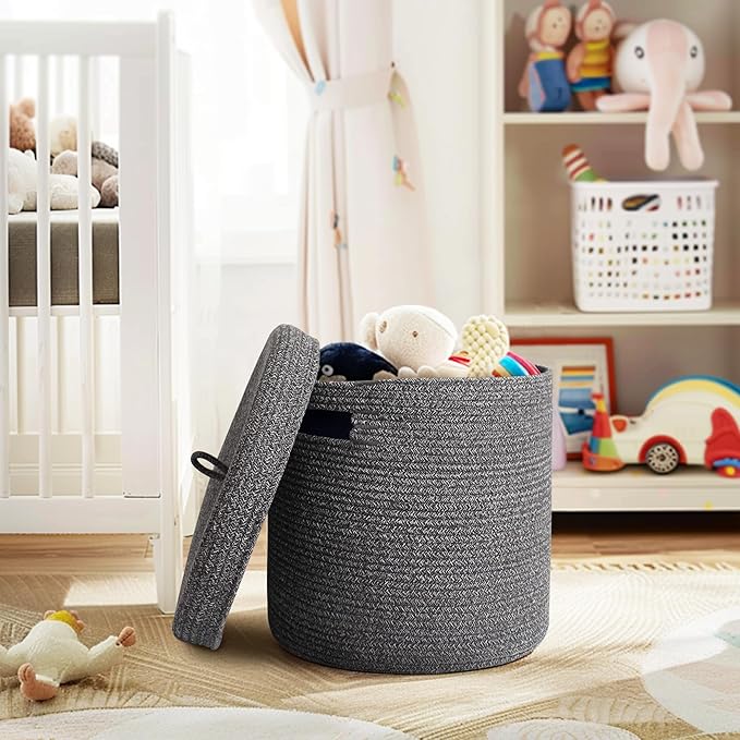 Storage Basket with Lid, Woven Blanket Storage for Living Room, Cute Cotton Rope Bin with Lid, Round Wicker Laundry Basket with Cover, Decorative Kid Dog Toy Box, Nursery Organizer, 15"x13"