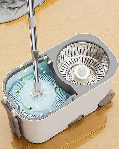 Spin Mop and Bucket System with Wringer, Microfiber Spin Mop and Bucket Set, Stainless Steel Handle, Rolling Mop Bucket with Drain Plug, Includes 3 Mop Heads for Hardwood Tile Floors