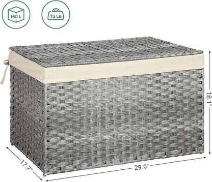 SONGMICS Storage Basket with Lid, Woven Blanket Storage Bin with Handles, Foldable, Removable Liner, Metal Frame, for Bedroom, Laundry Room, 42.3 Gallons (160 L), Gray URST76WG
