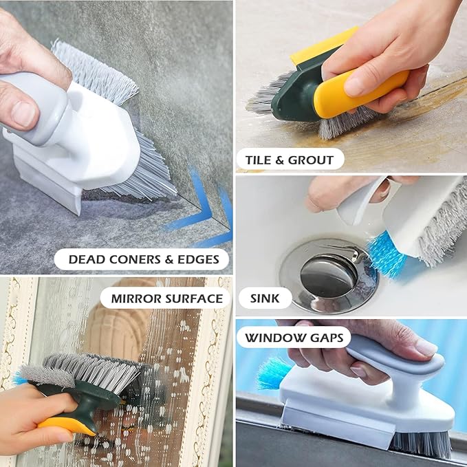 Alnorte 4 in 1 Grout Cleaning Brush with Scrape, V Shape Grout Cleaner for Tile Floors, Bathroom, Corner, Baseboard, Kitchen, Shower with Stiff Bristles (White)