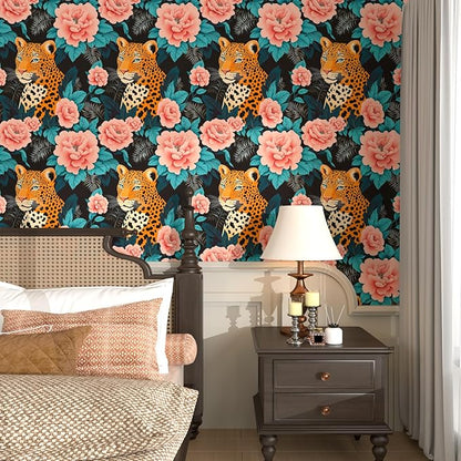 Fvlow Pink Floral Wallpaper Peel and Stick Leopard Jungle Contact Paper Wall Paper Waterproof Self-Adhesive Wall Covering for Bedroom Countertop Desk Cabinets Decor Renter Friendly 17.4" x 118"