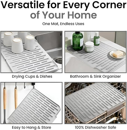 Silicone Dish Drying Mat with Raised Drain Spout, 15mm Thick Extra Large 15.7"x12.4", Heat Resistant Countertop Protector, Dishwasher Safe - Light Gray